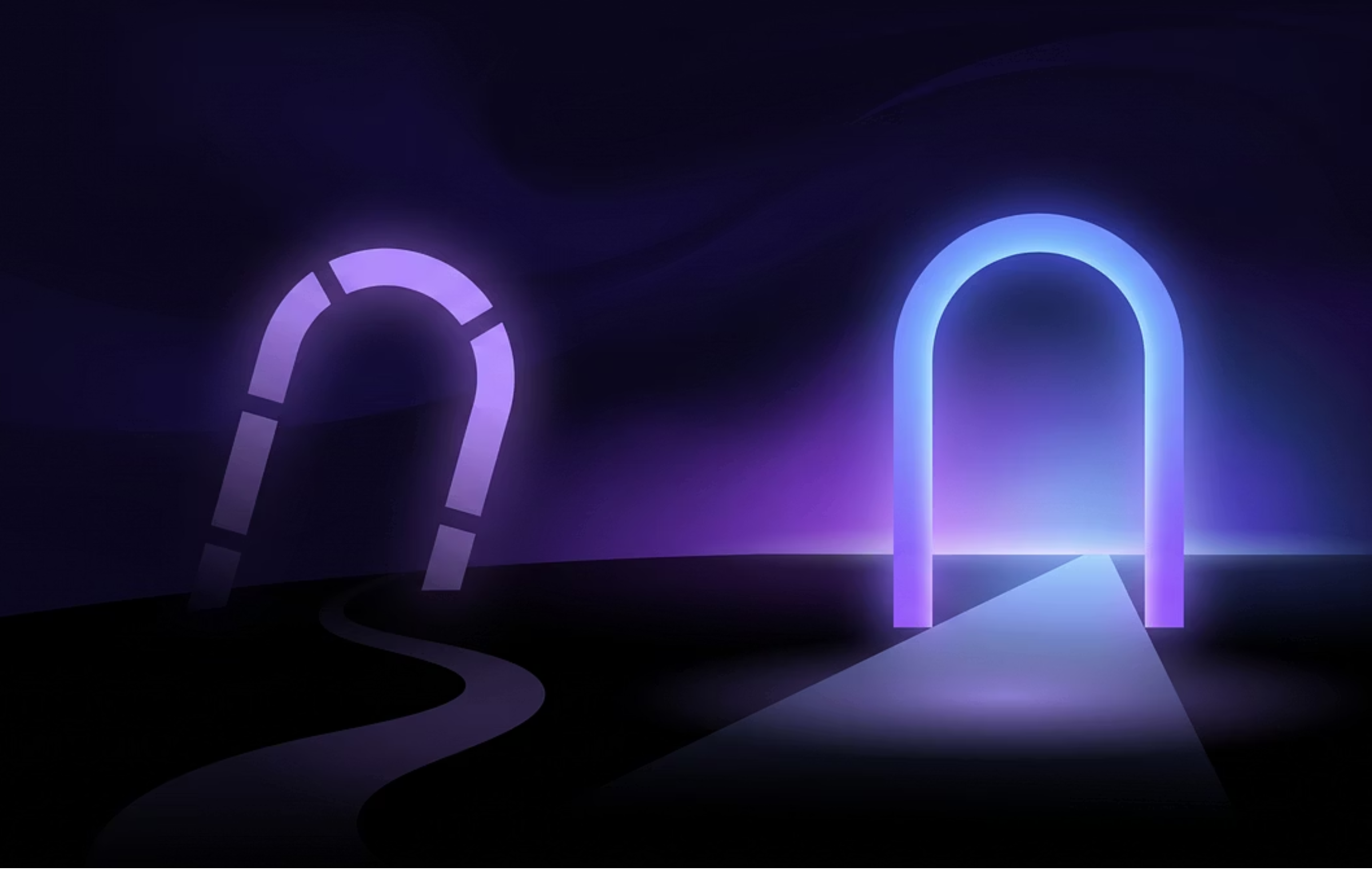 A closing archway beside a brighter new archway, representing the discontinued M.Phil. and the new RCI-approved path